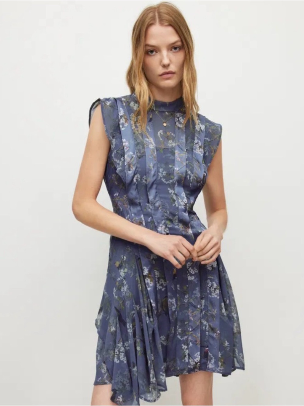 AllSaints Blue Floral Pintuck Mini Dress